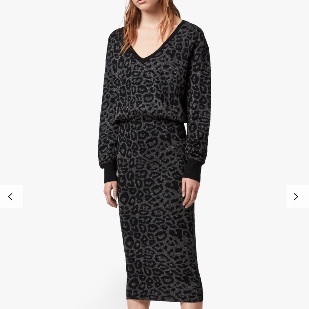 All Saints leopard midi body con dress